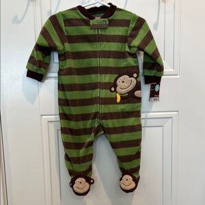 Carter's Green and Brown Striped Footie with Monkey Appliqué